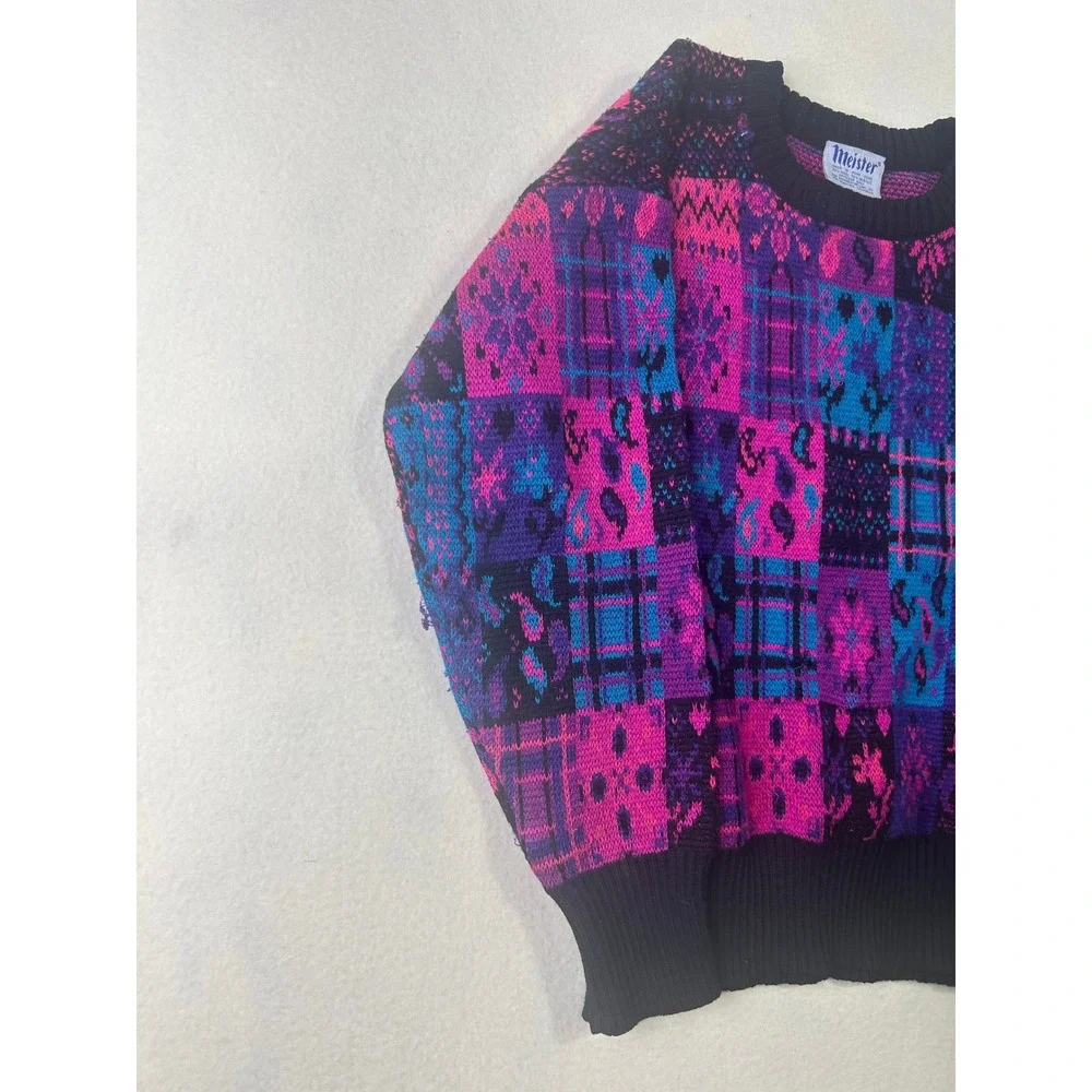 Vintage Meister Patchwork Knit Sweater Pink‎ Purple Blue Wool Blend Crewneck